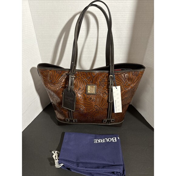 DISNEY DOONEY & BOURKE VINTAGE BROWN LEATHER SKETCH PRINT LARGE PURSE BAG TOTE - Picture 1 of 3